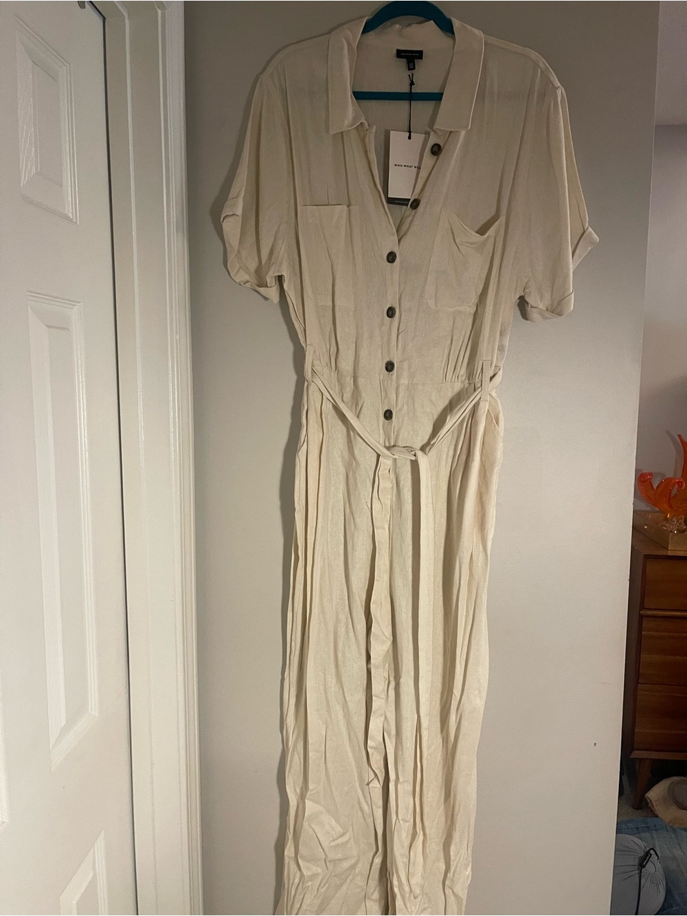 Light Cream Button-Front jumper with Waist Tie